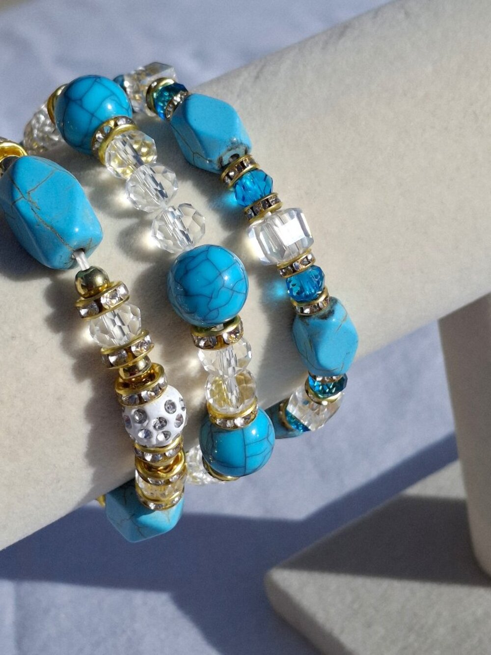 Set of 3 Stretch Bracelets Turquoise Color Gold Tone White Crystals